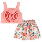 Girls Coral & White Rose Satin Skirt Set, 1, hi-res