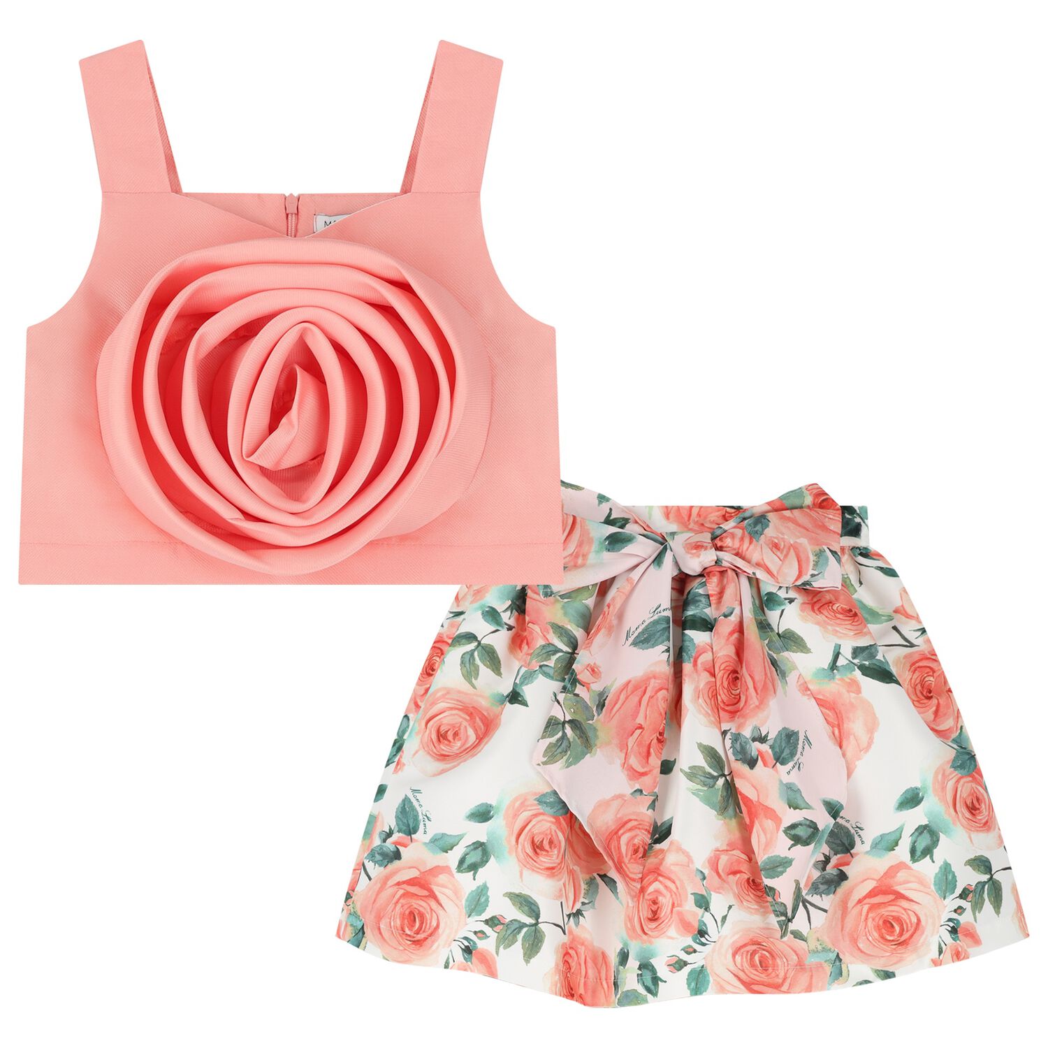 Girls Coral & White Rose Satin Skirt Set, 1, hi-res image number null