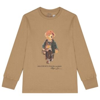 Boys Beige Logo Polo Bear Long Sleeve Top