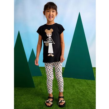 Girls Black & Beige Cotton Printed Leggings Set
