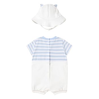 Baby Boys White & Blue Dungaree & Hat Set