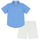 Baby Boys Blue & Ivory Logo Shorts Set, 1, hi-res