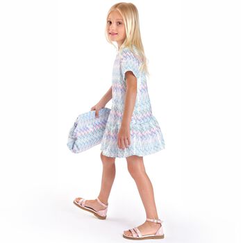 Girls White & Blue Zig Zag Embellished Sequin Dress