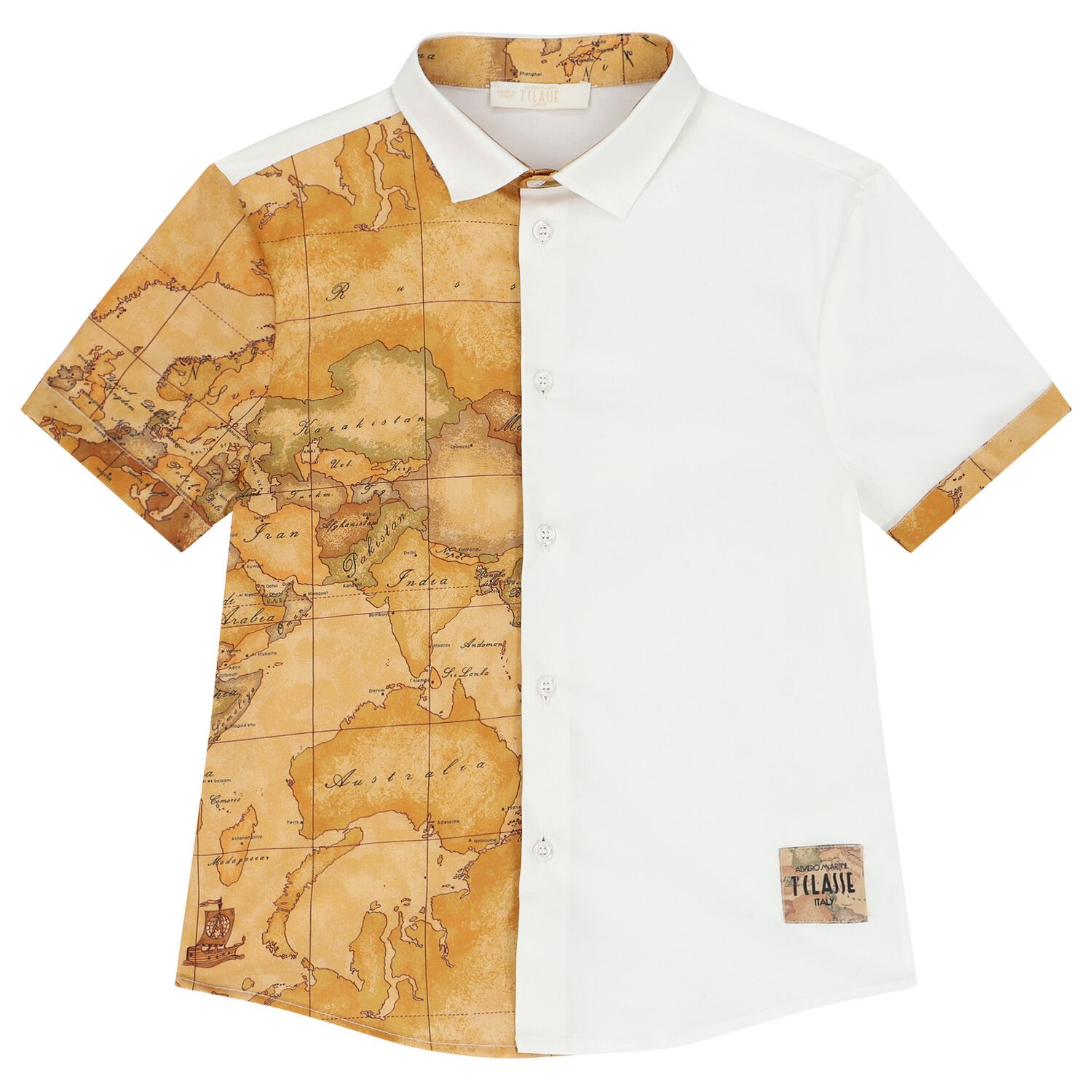 Boys White & Beige Geo Map Shirt, 1, hi-res