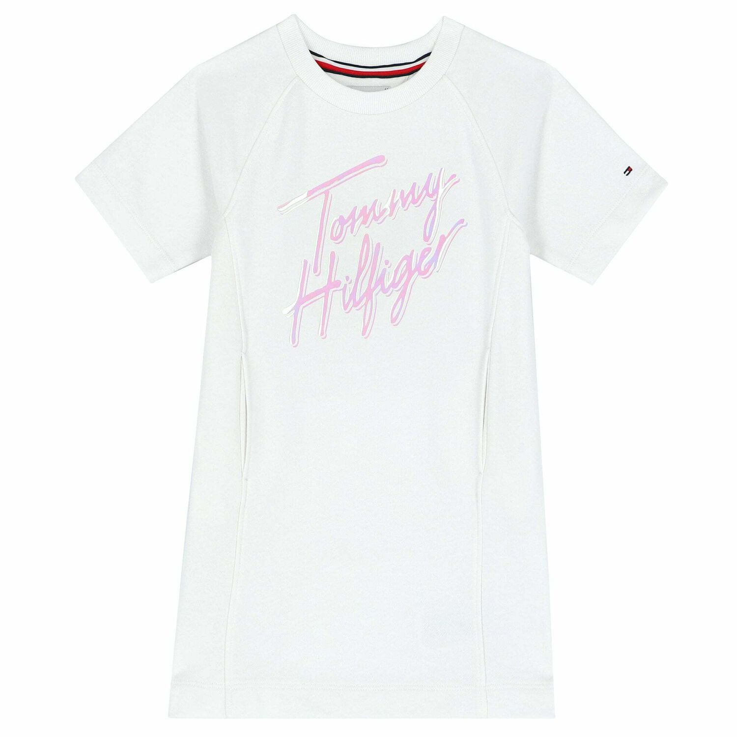 Girls White Holographic Logo Dress, 2, hi-res