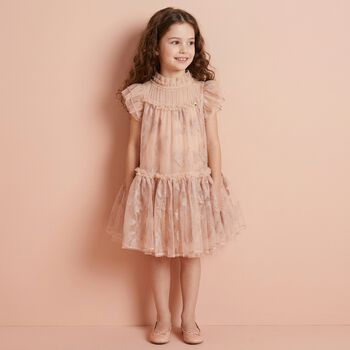 Girls Pink Embroidered Tulle Dress