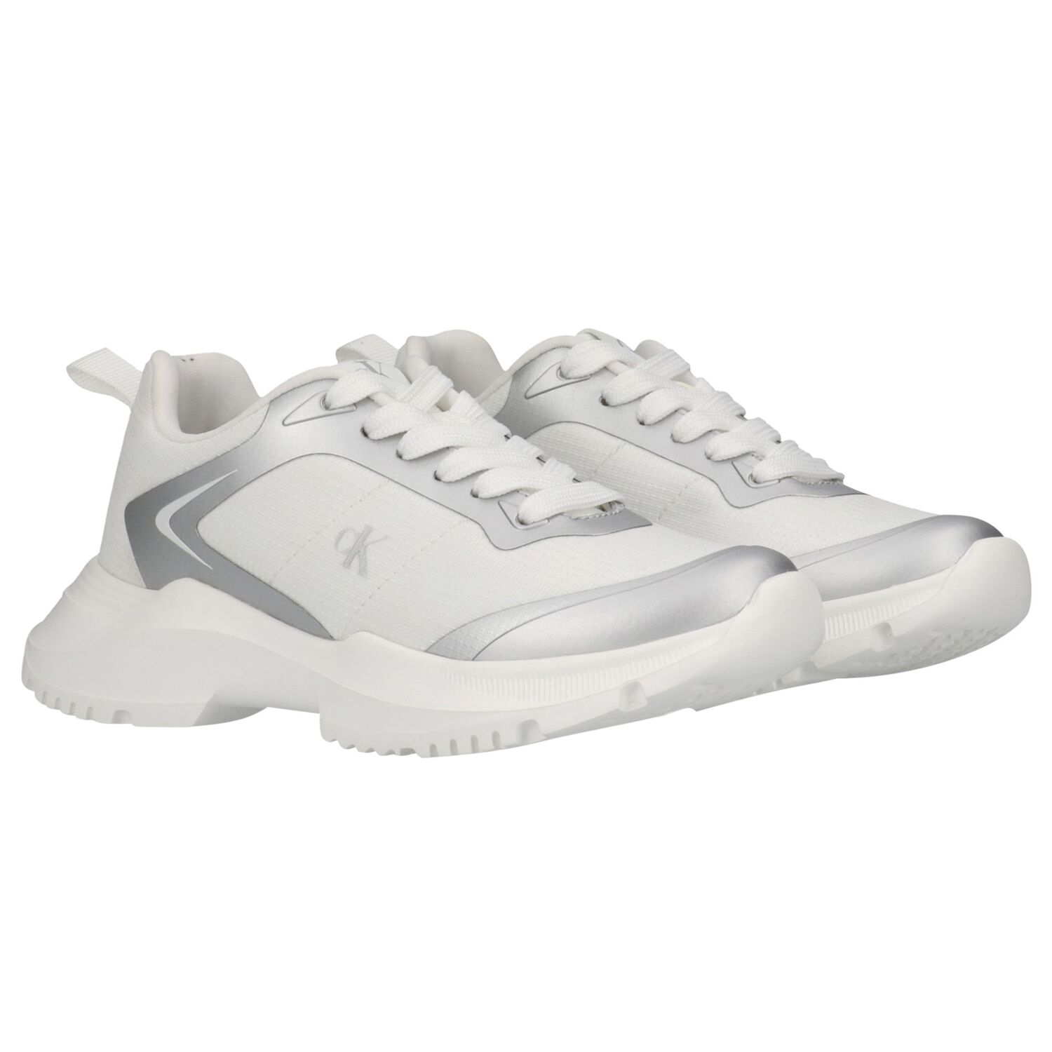 White & Silver Logo Trainers, 1, hi-res