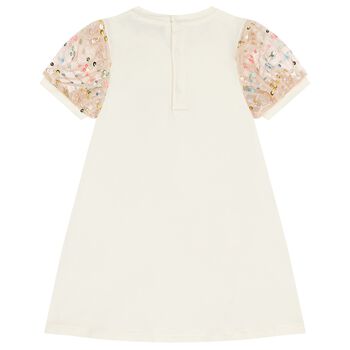 Younger Girls Ivory Bag Logo Dress