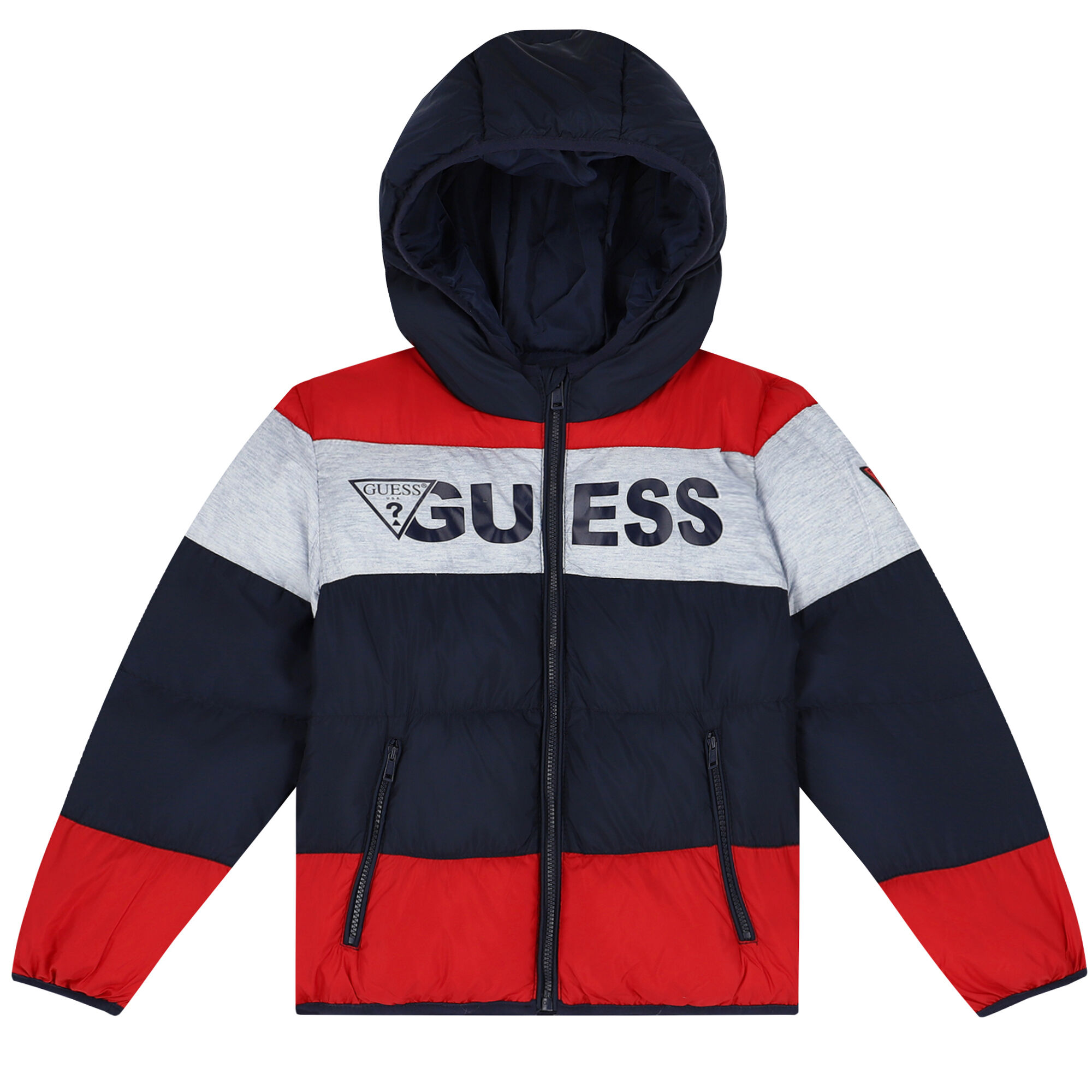 Guess Boys Navy Grey Red Logo Puffer Jacket Junior Couture UK