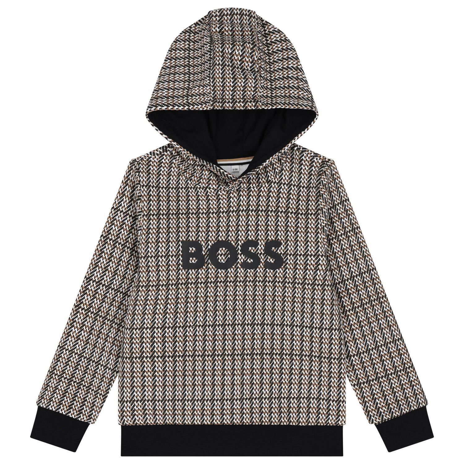 Boys Black, Beige & White Checked Logo Hooded Top, 1, hi-res