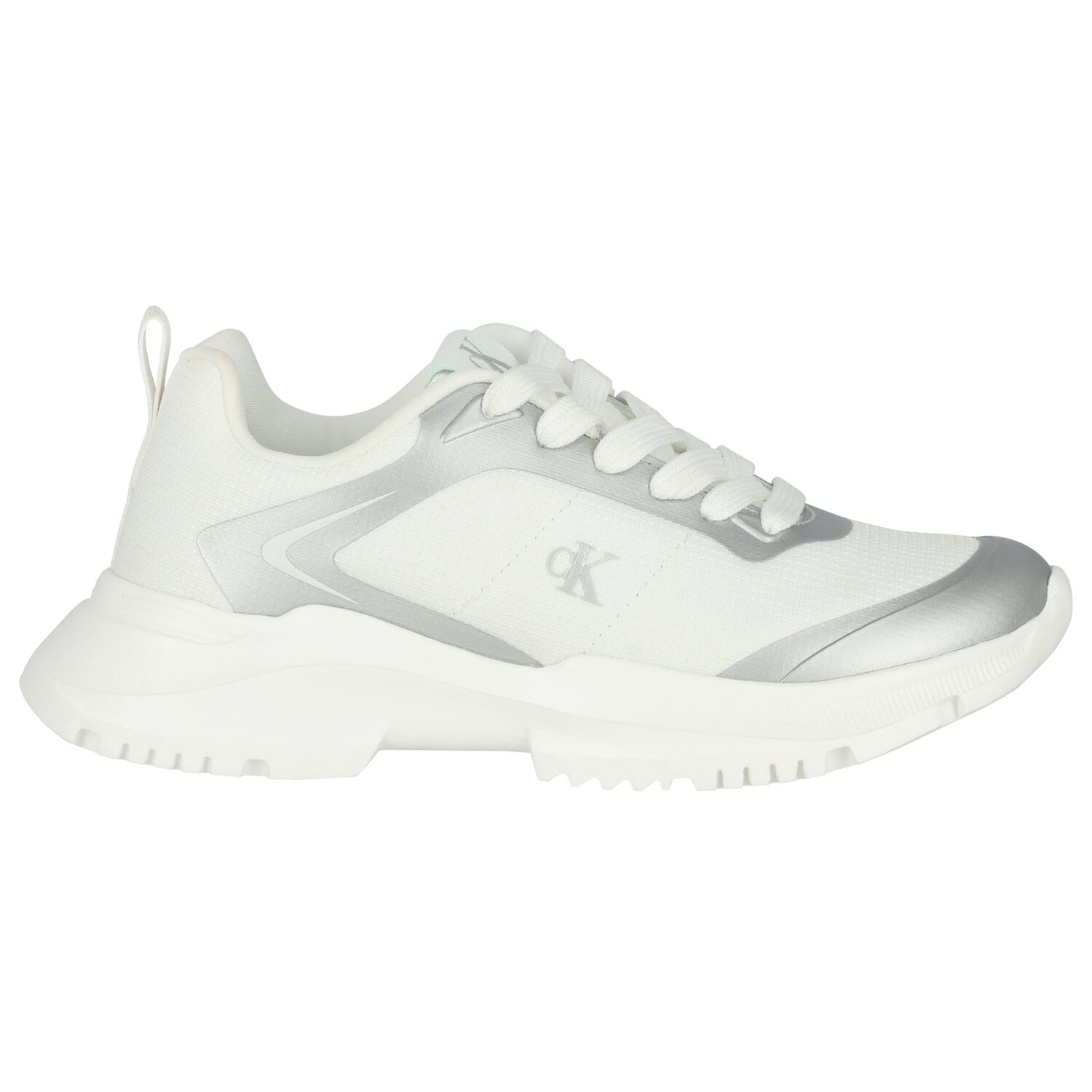 White & Silver Logo Trainers, 1, hi-res