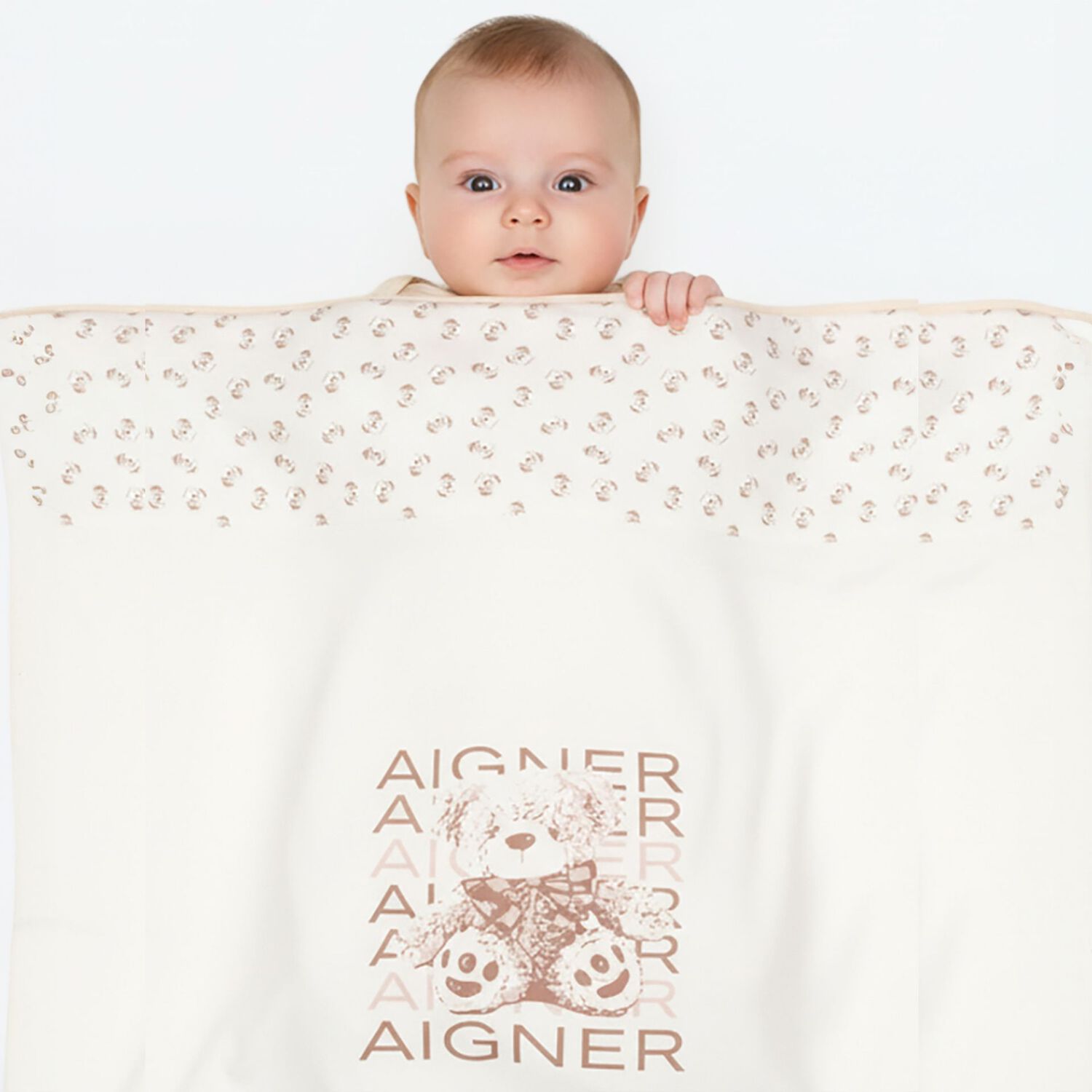 White & Beige Teddy Bear Logo Baby Blanket , 1, hi-res
