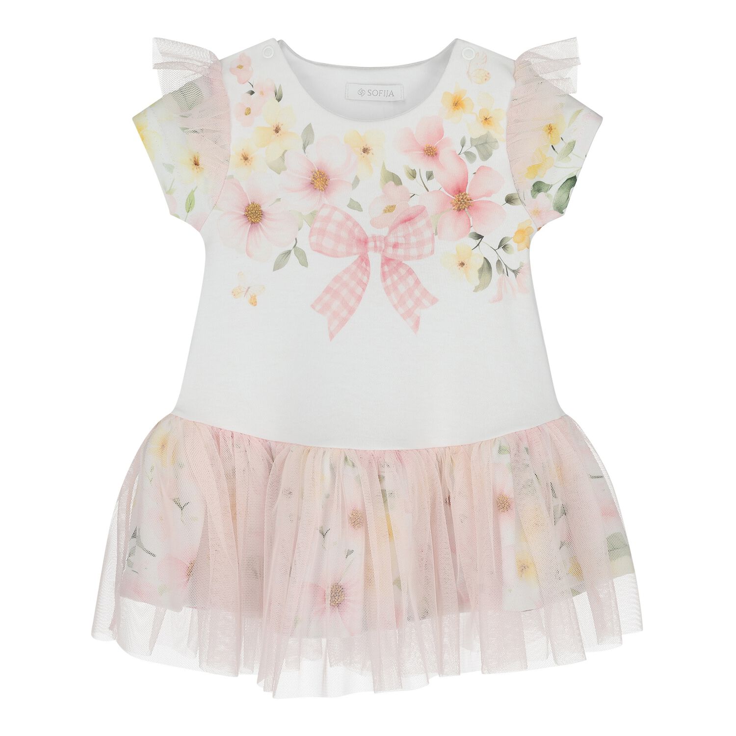 Baby Girls Pink Floral Tulle Dress, 1, hi-res
