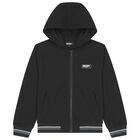 Boys Black Logo Hooded Zip Up Top, 1, hi-res