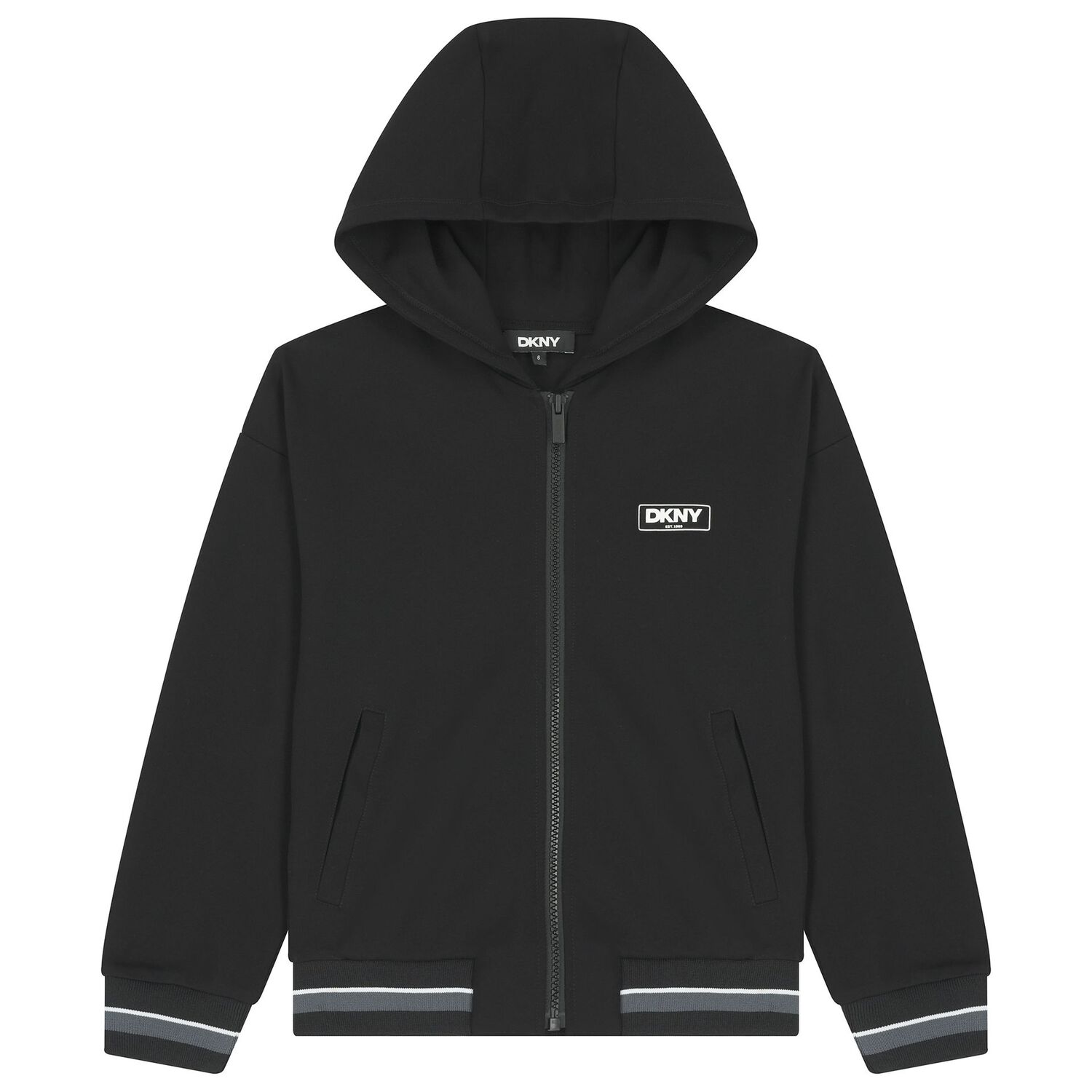 Boys Black Logo Hooded Zip Up Top, 1, hi-res