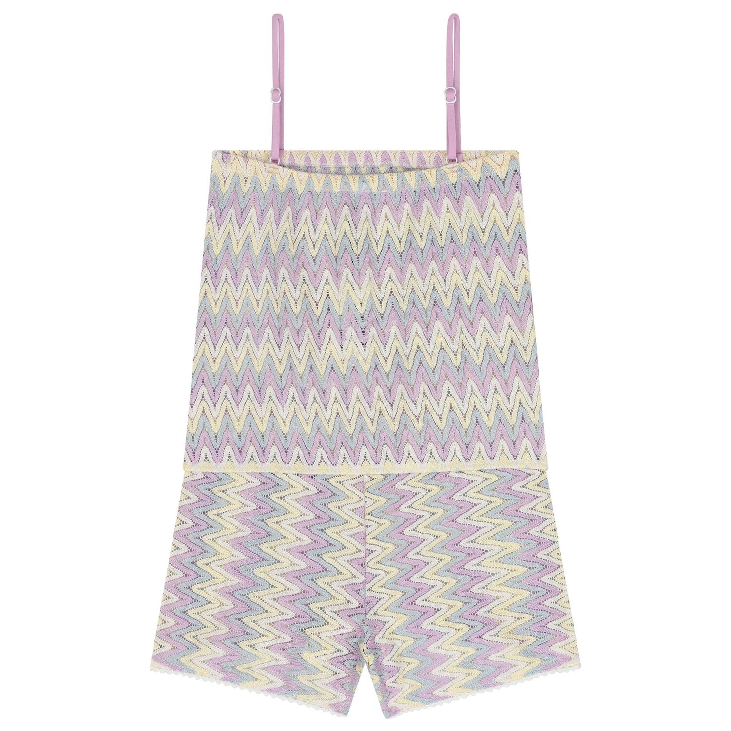 Girls Lilac & Ivory Zig-Zag Crochet Playsuit, 1, hi-res