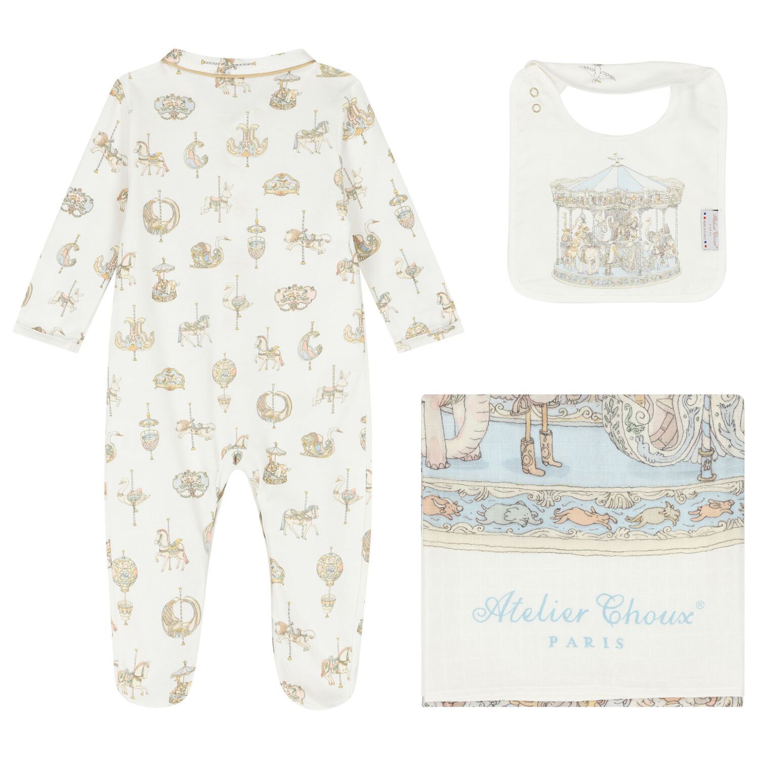 Baby Boys White & Blue Carousel Babygrow Gift Set, 2, hi-res
