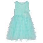 Girls Aqua Flower Tulle Dress, 2, hi-res