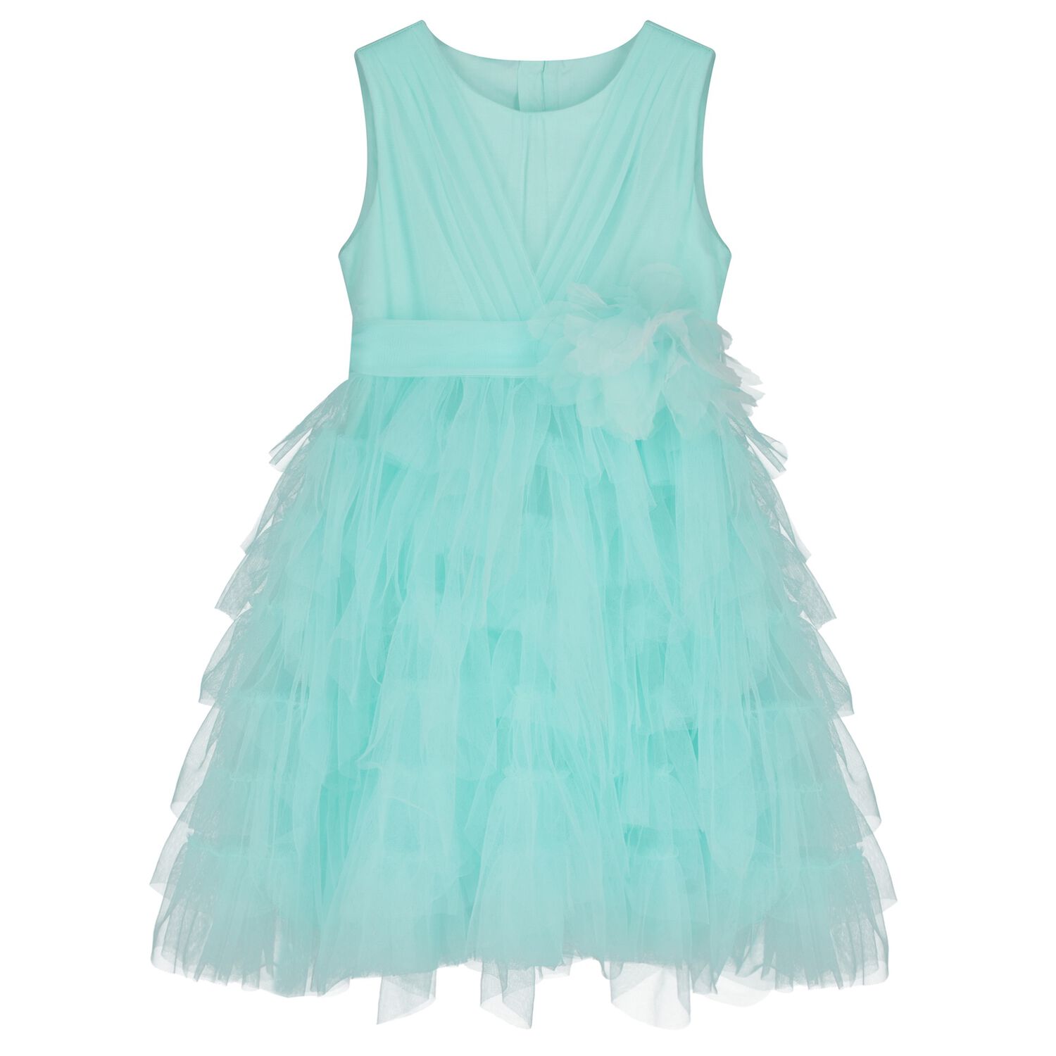 Girls Aqua Flower Tulle Dress, 2, hi-res