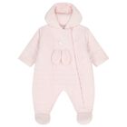 Baby Girls Pink Bunny Fleece Hooded Pramsuit, 1, hi-res