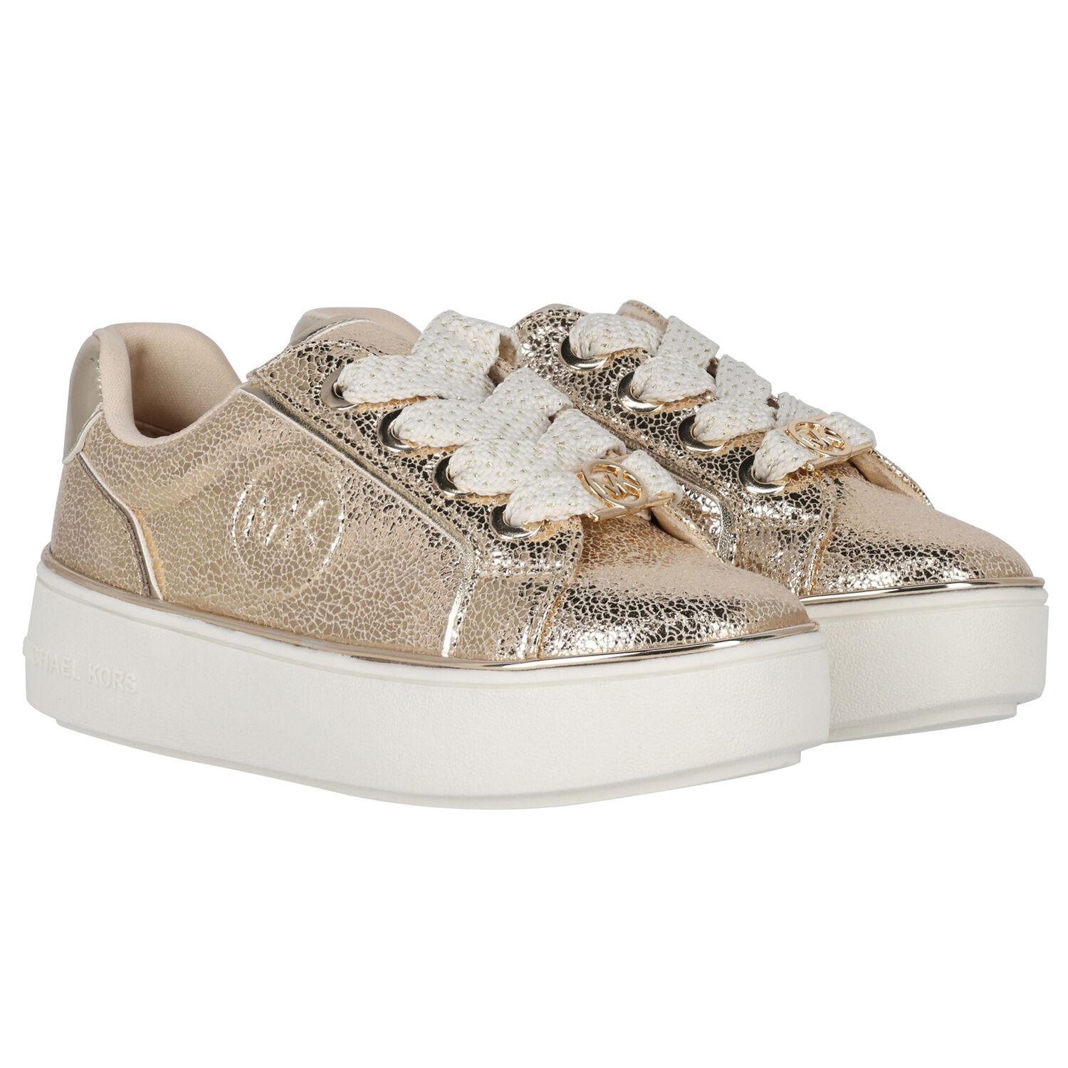 Girls Gold & Ivory Logo Trainers, 1, hi-res