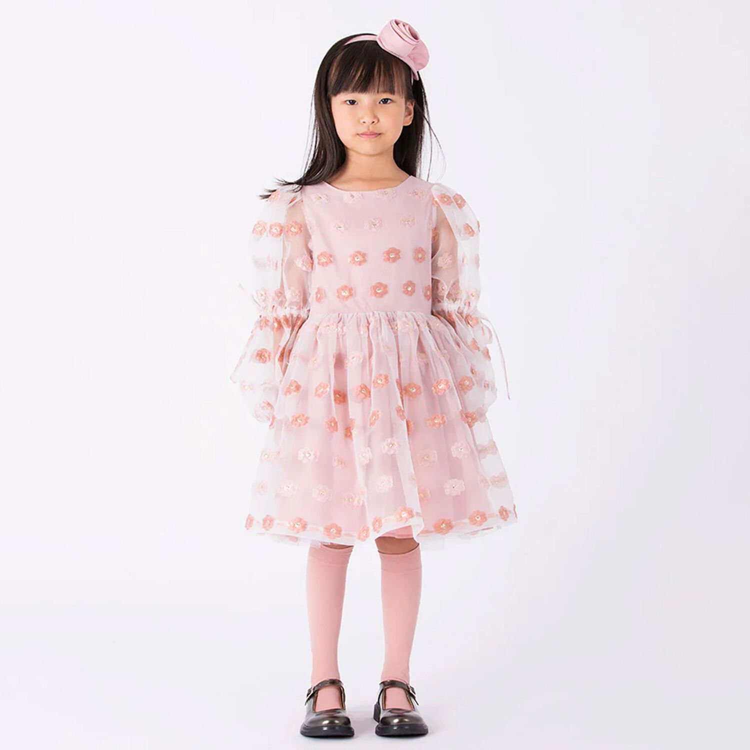 Girls Pink Jacquard Floral Dress, 1, hi-res image number null