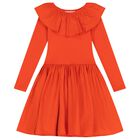 Girls Orange Ruffled Long Sleeve Dress, 3, hi-res