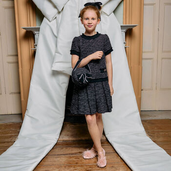 Girls Black Bow Tweed Handbag