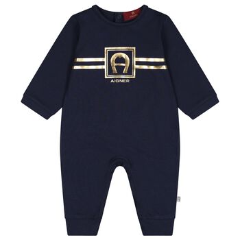 Baby Boys Navy Blue & Gold Logo Romper