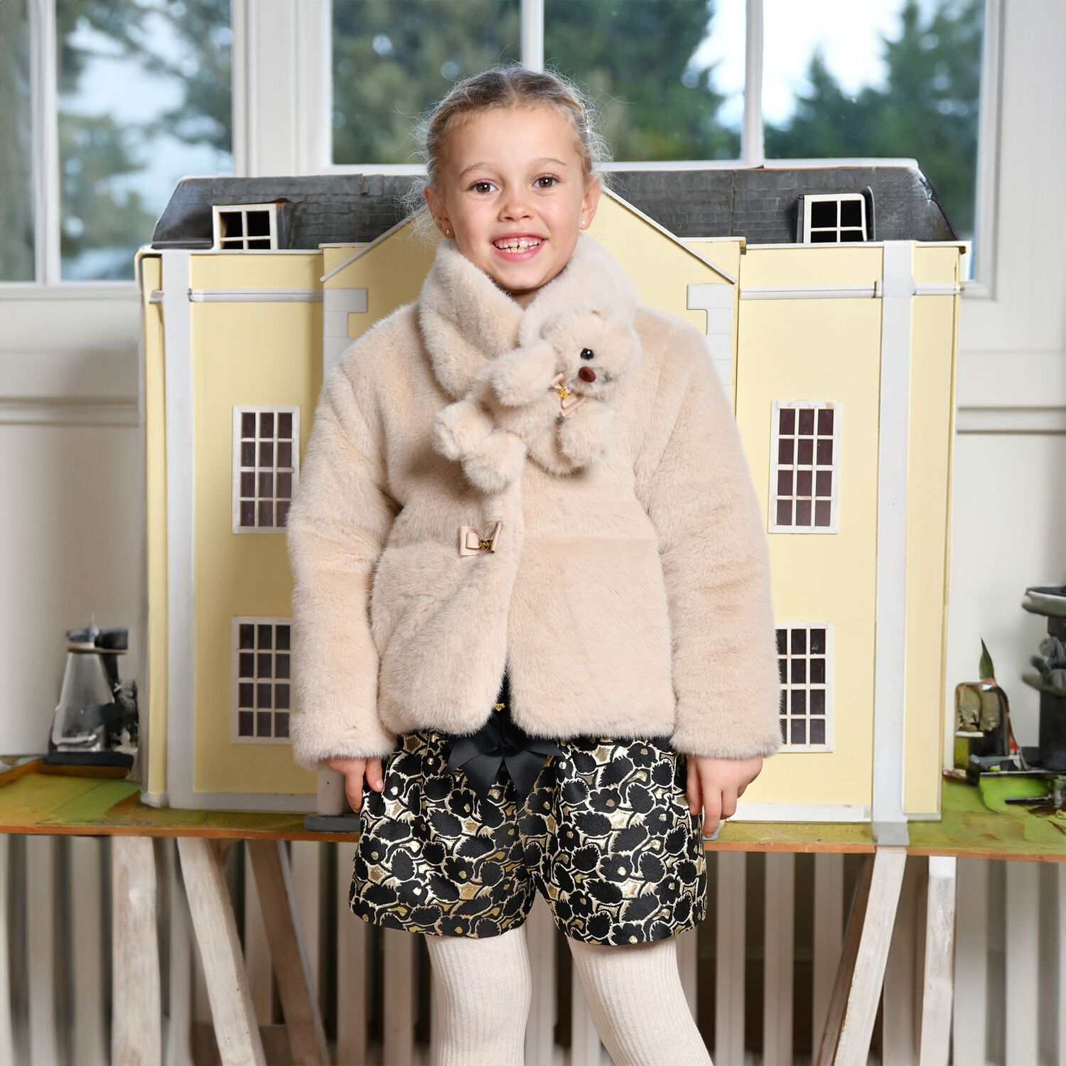 Girls Beige Faux Fur Ted Scarf , 1, hi-res