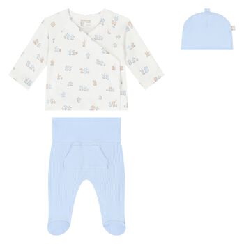 Baby Boys Ivory & Blue Bear Babysuit & Hat Gift Set
