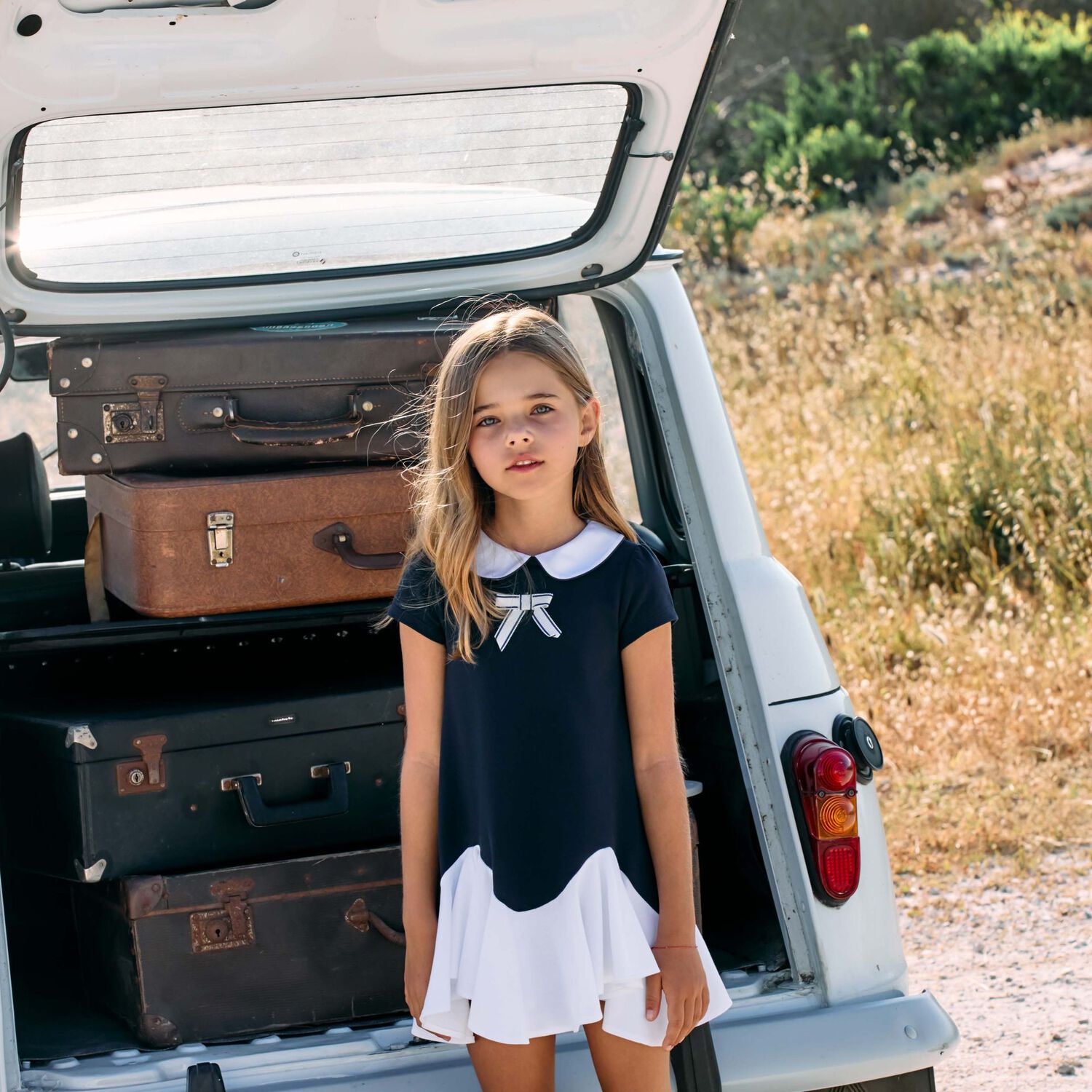 Girls Navy Blue & White Dress, 1, hi-res