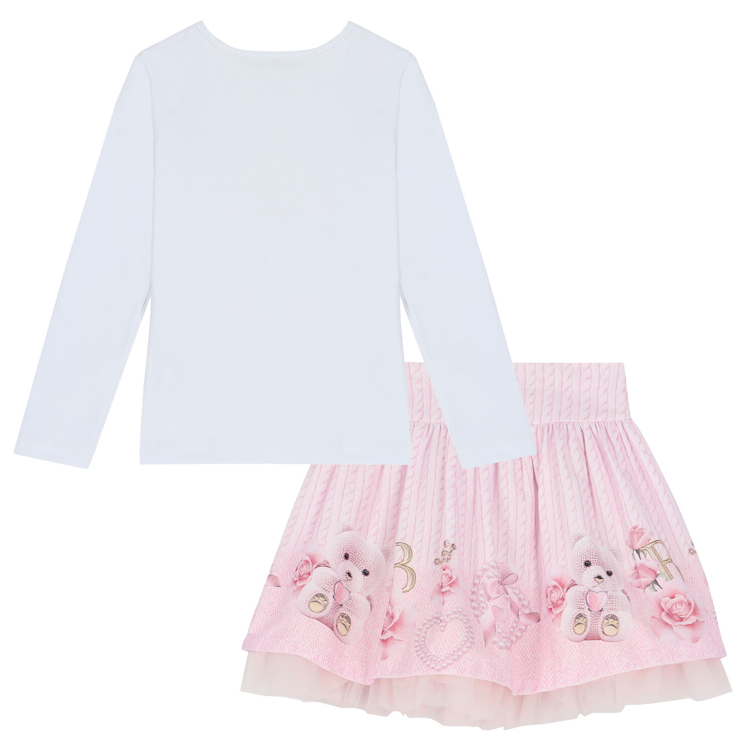 Girls White & Pink Teddy Skirt Set, 1, hi-res