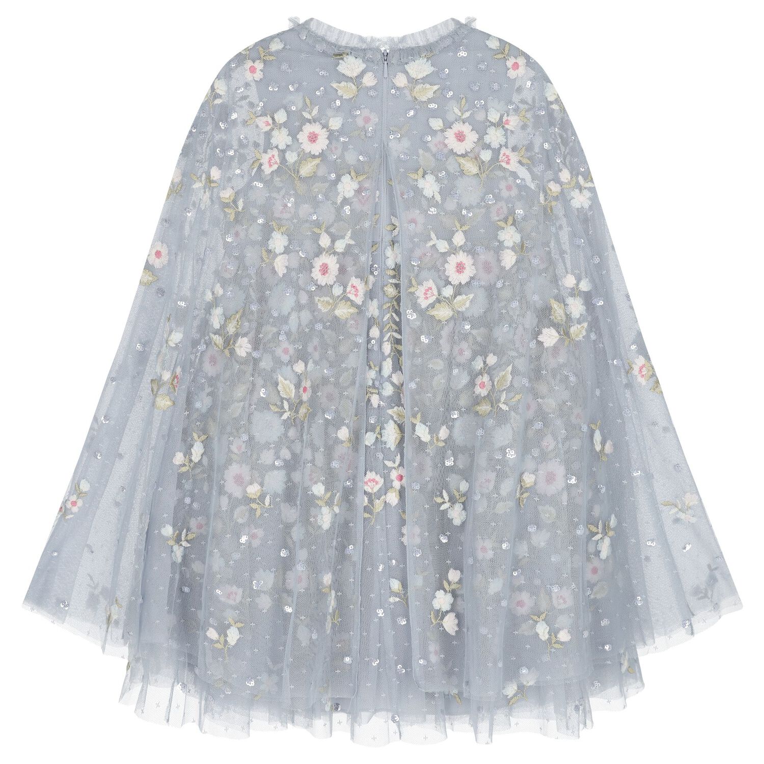 Girls Blue Floral Tulle Cape Dress, 1, hi-res
