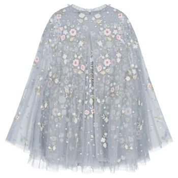 Girls Blue Floral Tulle Cape Dress