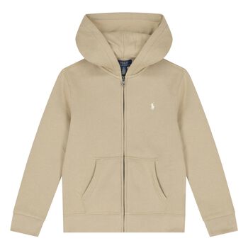 Boys Beige Logo Hooded Zip Up Top