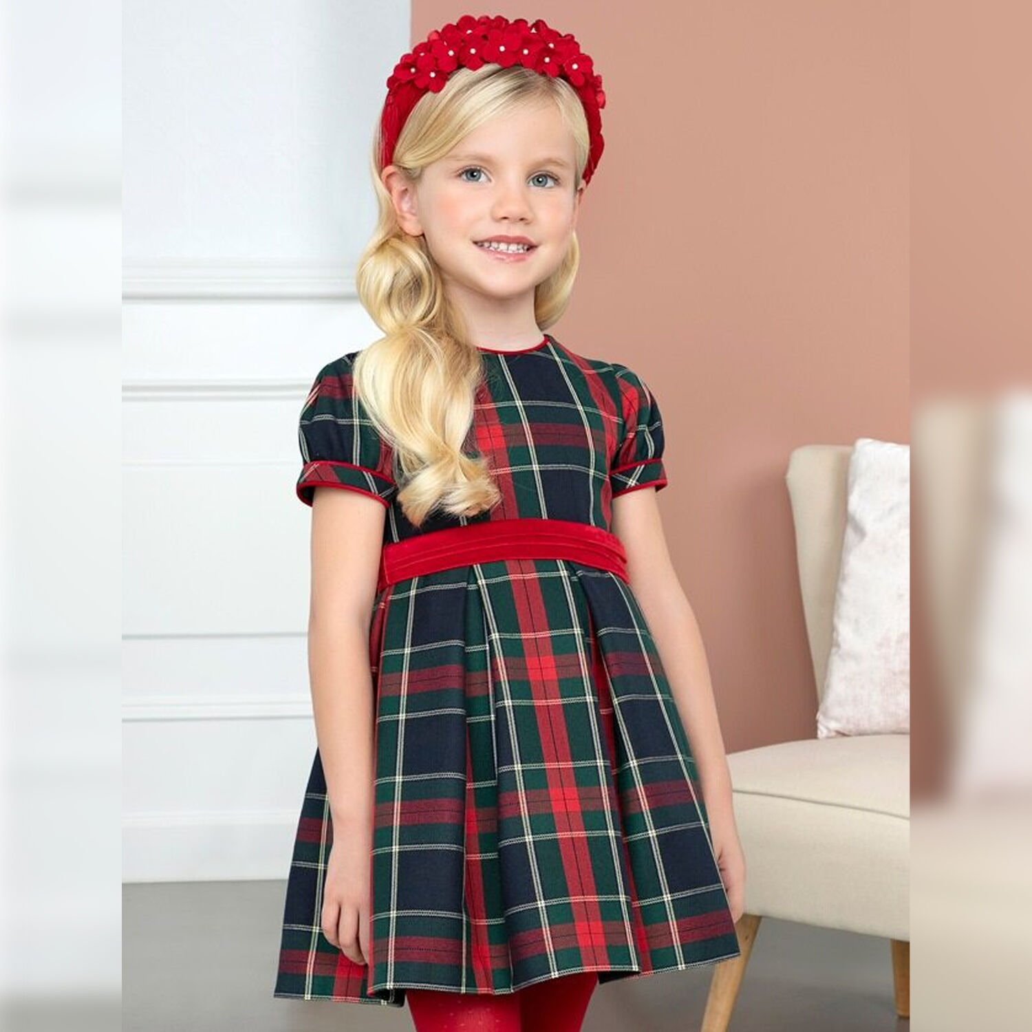 Girls Navy Blue & Red Tartan Dress, 1, hi-res image number null