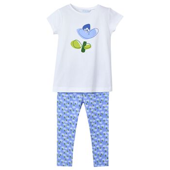 Girls White & Blue Floral Leggings Set