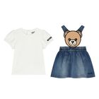 Younger Girls White & Blue Teddy Bear Skirt Set, 1, hi-res