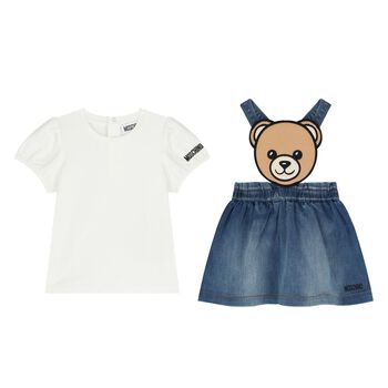Younger Girls White & Blue Teddy Bear Skirt Set