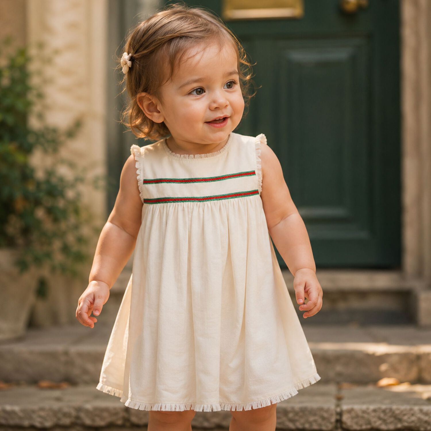 Younger Girls Beige Web Striped Dress, 1, hi-res