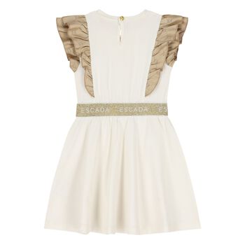 Younger Girls Ivory & Gold Logo Ruffled Dress