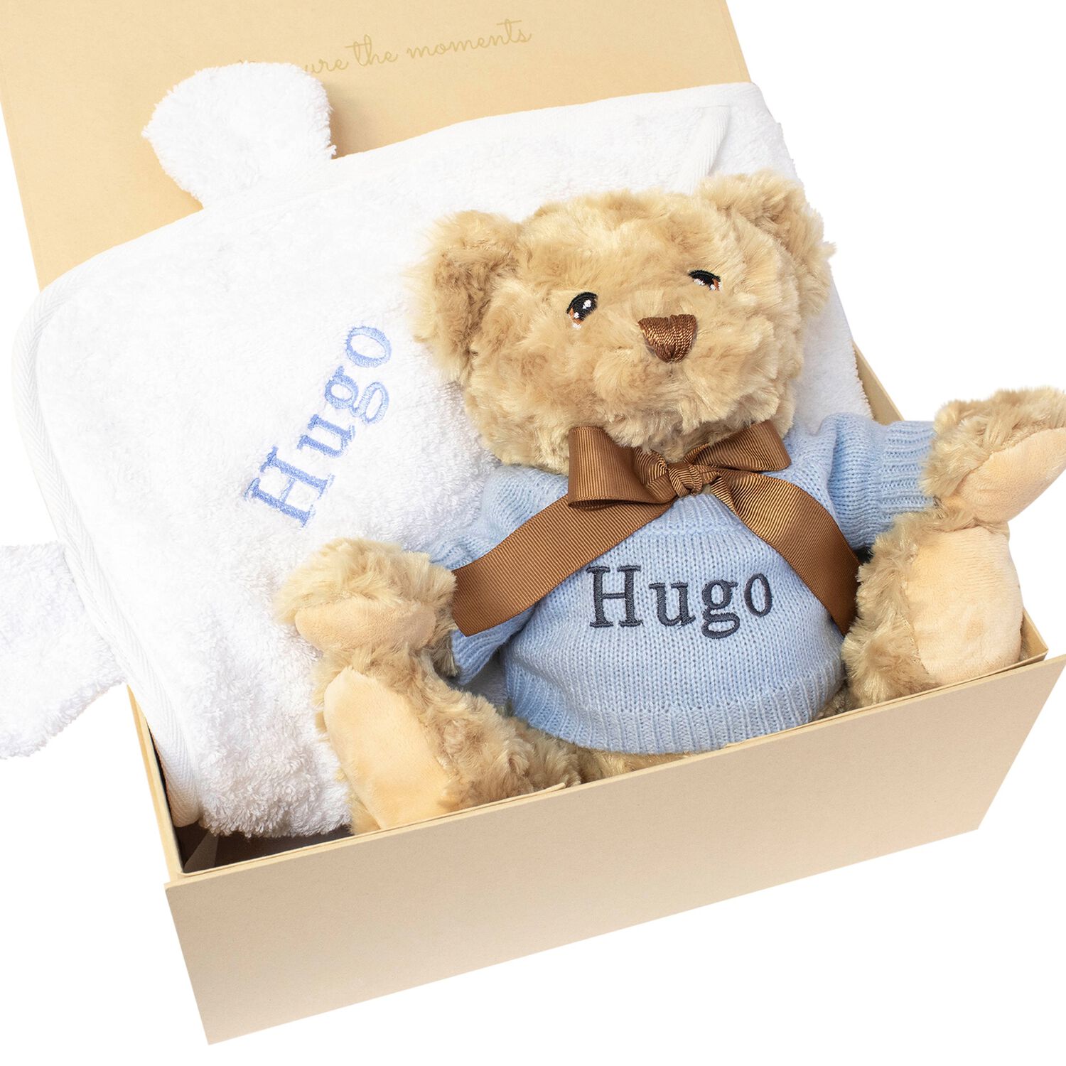Boys Blue Personalised Teddy Baby Gift Set, 2, hi-res