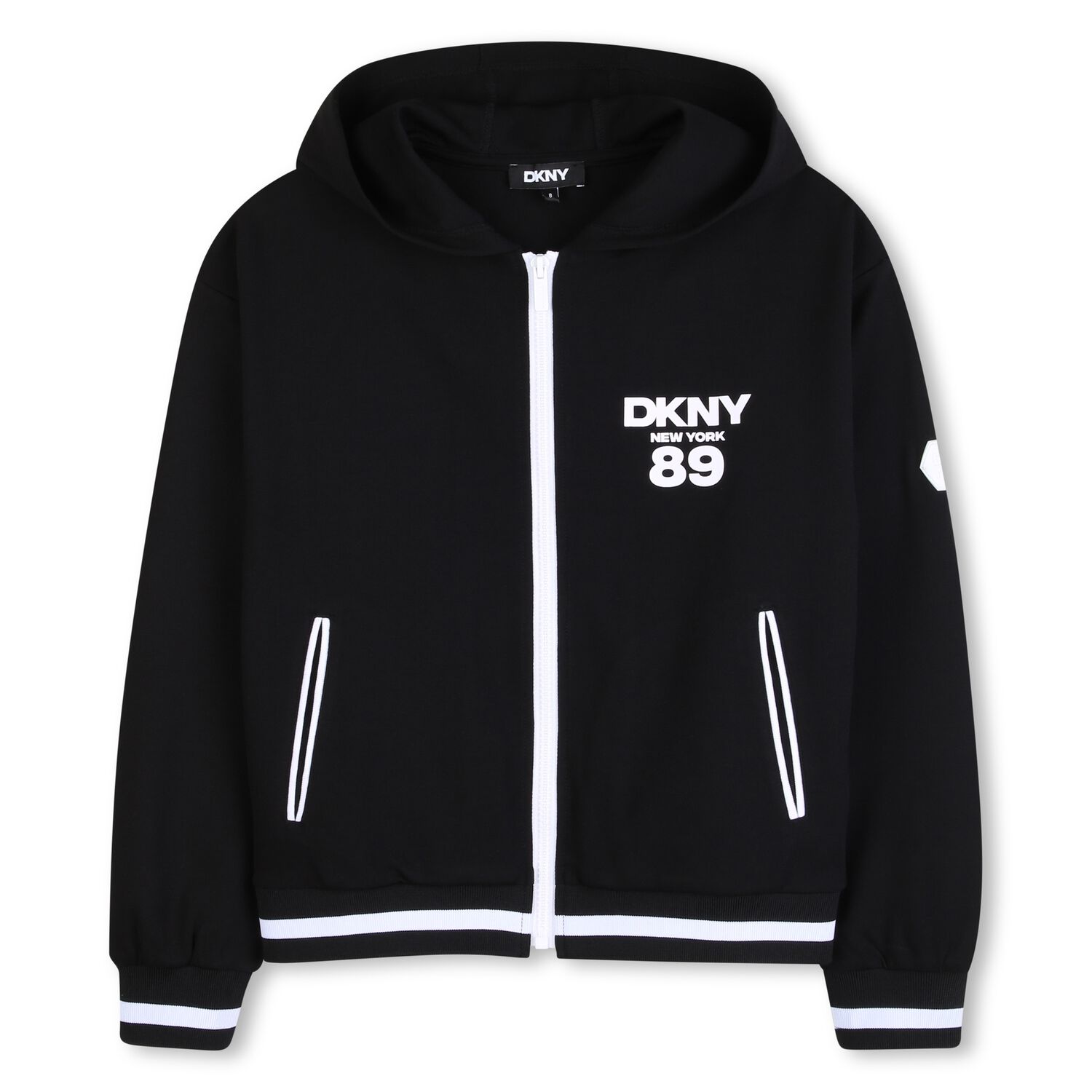 Black Logo Hooded Zip Up Top, 1, hi-res