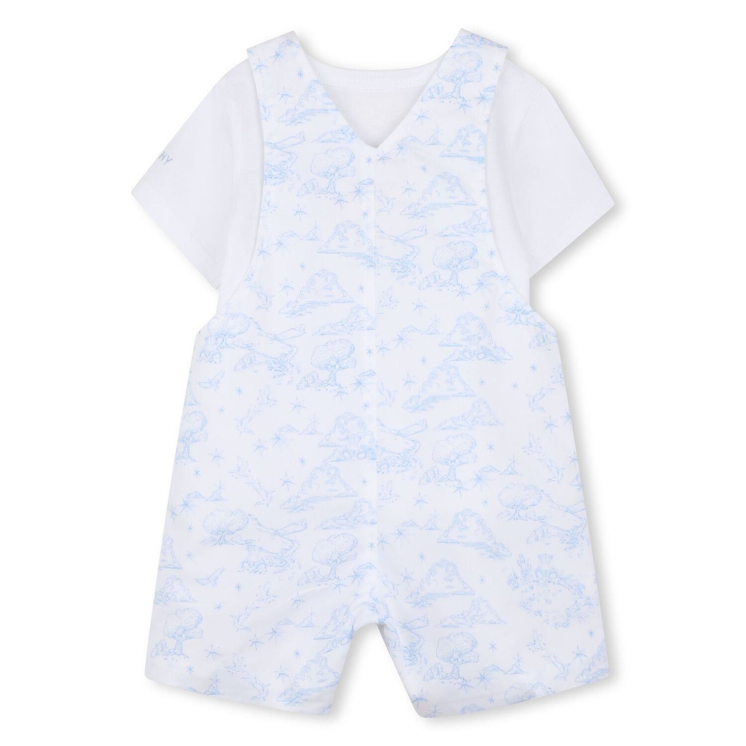Baby Boys White & Blue Toile de Jouy Dungaree Set, 1, hi-res
