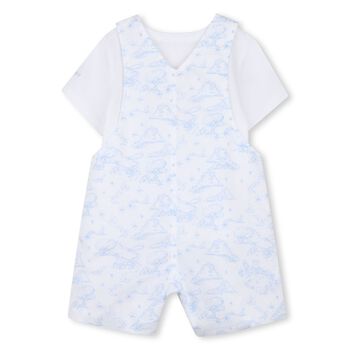 Baby Boys White & Blue Toile de Jouy Dungaree Set