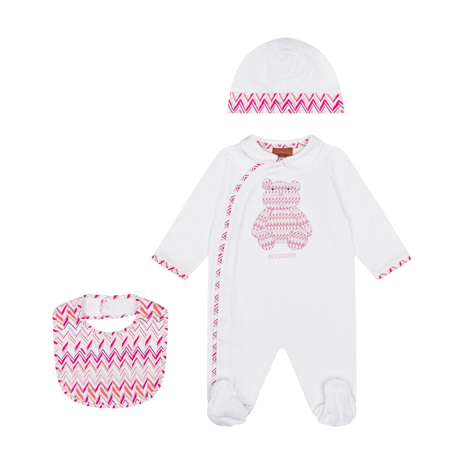 Baby Girls White & Pink Teddy Bear Zig Zag Babygrow Gift Set, 1, hi-res
