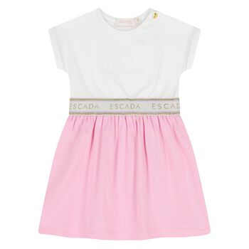 Younger Girls White & Pink Logo Dress