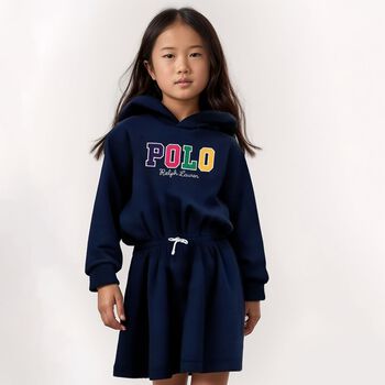 Girls Navy Blue Logo Hooded Dress