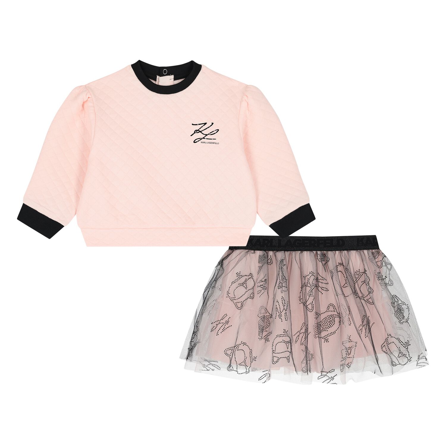 Younger Girls Pink & Black Logo Tulle Skirt Set, 1, hi-res